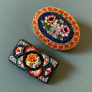Two Vintage 1920s Italian Micro Mosaic Brooches Pins Colorful Roses Floral Motif
